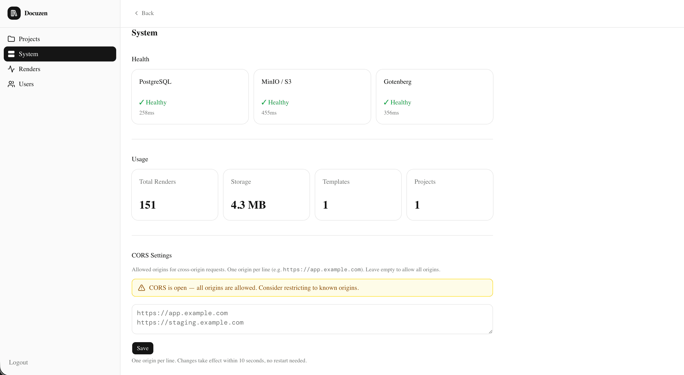 Docuzen Admin UI — System health and usage