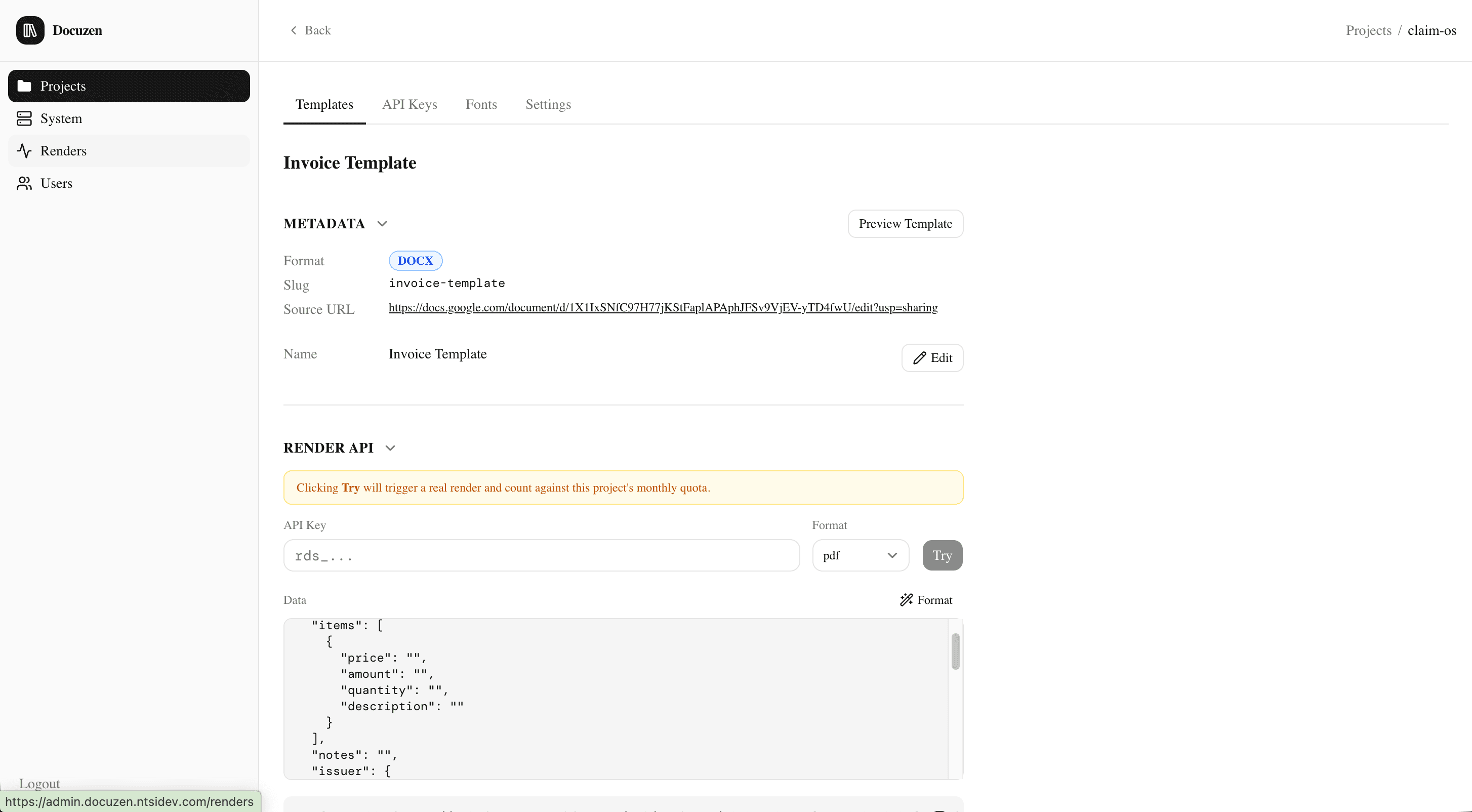 Docuzen Admin UI — Template detail page
